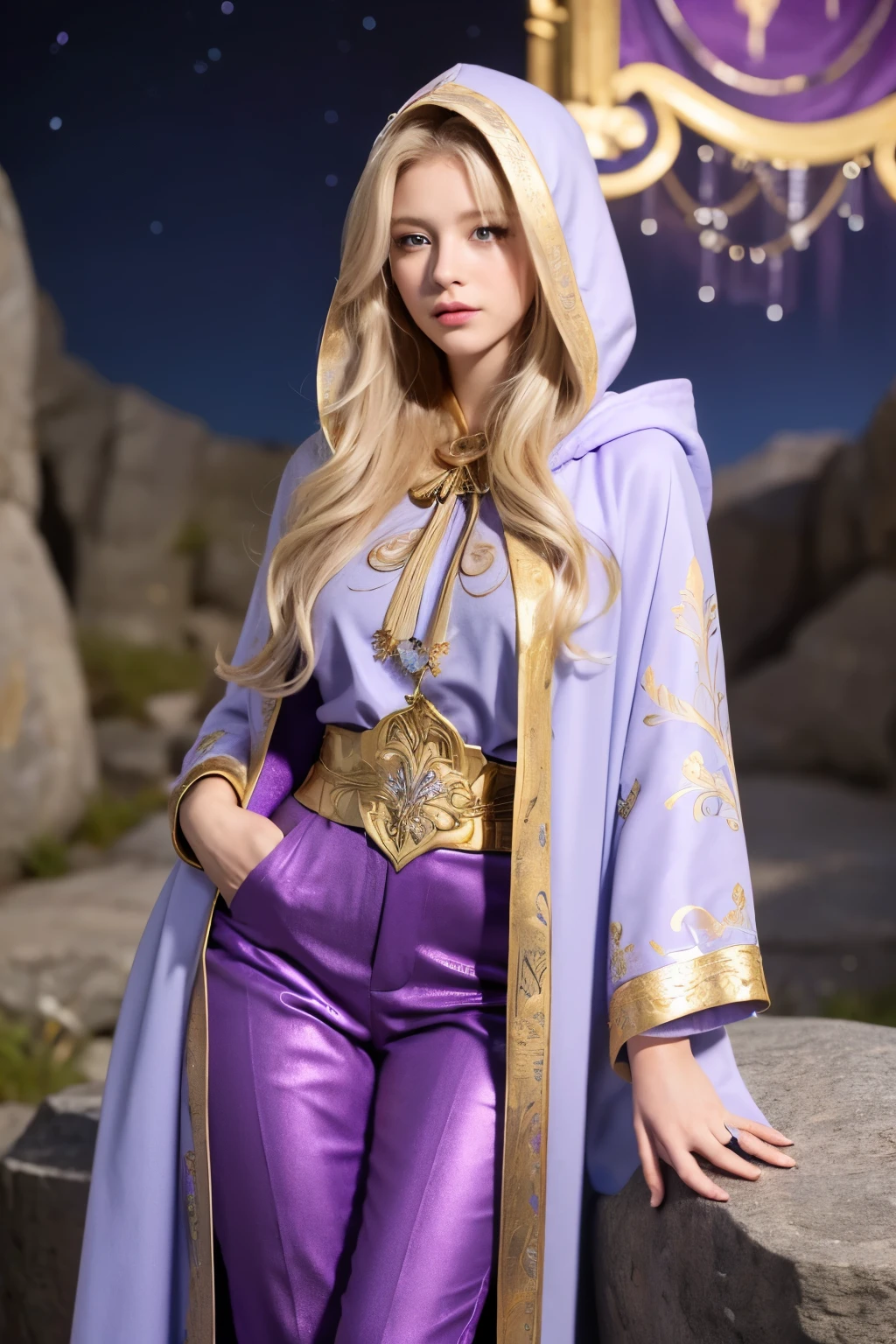 A beautiful girl, long hair, blonde hair, (detailed face: 1.4), (dressed in a blue cloak, hood covering the face), blue eyes, perfect nose, pink lips, (purple shirt with gold drawings), medium breasts, (purple pants with gold drawings), (full body), (standing on a stone), at night, cliff, flashes of light,