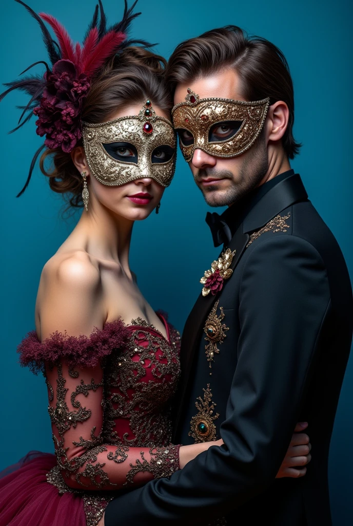 An elegant couple in coordinated attire—she in a gold and emerald gown with a mask adorned with peacock feathers, and he in a dark green suit with a gold mask featuring intricate patterns. They stand close together, their masks nearly touching, as they share a moment of intimate conversation.