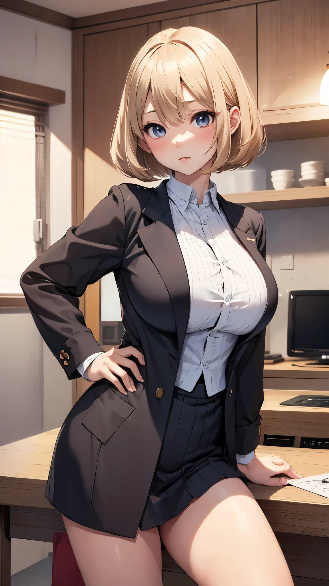 Umino Yuki、masterpiece,  best quality、 best quality,(8k resolution),Beauty、( looks like an adult)、 （  Sexy Perfect Style）、(( Big Breasts))、Blonde Bob Cut、uniform