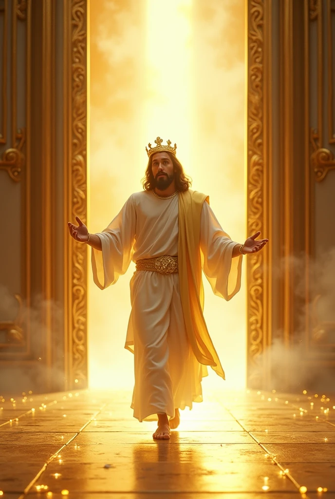Jesus Cristo com cabelos brancos com aspecto resplandecente como o sol andando no meio de Candeeiros de Ouro puro lindo e dourado. Image with very high lighting quality, Very high resolution image, image with very high coloration, imagem realista, imagem hiperdetalhada