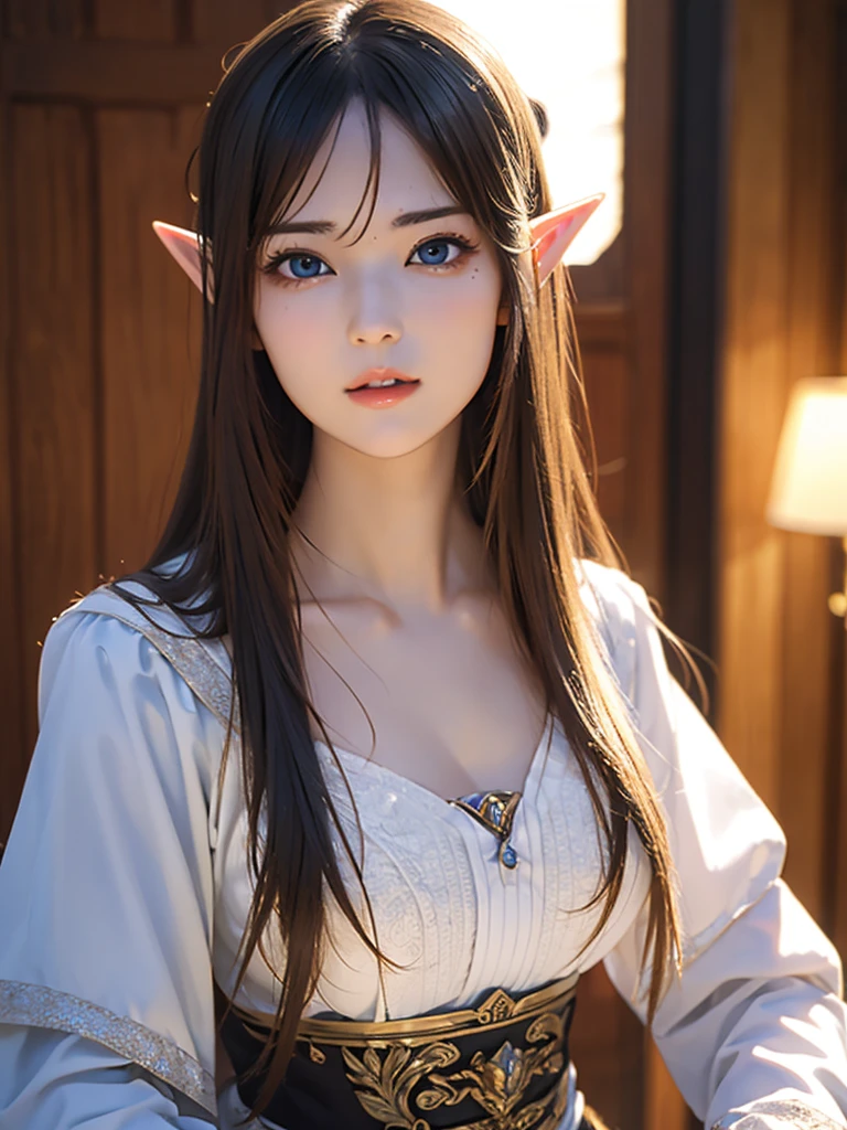 Ultra-detailed complex 3D rendering of the face, (Colossal: 8.8), (masterpiece, top quality, octane rendering, 8K), glamour shot full body image, very beautiful young elf, cleavage, (very detailed skin: 1.2), (exposure: 1.1), brown hair, (wearing a plummeted open shirt of white silk: 1.5)), beautiful Caucasian woman with white skin with full soft breasts with big buttocks, 1 person, long braided hair, big breasts, dynamic angle, mystical expression, ultra-realistic photos, (((((portrait))), bare feet, futuristic urban background, facial muscles, detailed and beautiful queen crown, in the style of Marvel Comics, ArtStation trends, clear focus, studio photography, intricate details, very detailed, detailed red eyes, very detailed, Sharp Focus, Digital Rendering, Professional, Abs, Dark Grey Background, Shot with Canon EOS R 6, (((((Sexy Pose)))),
