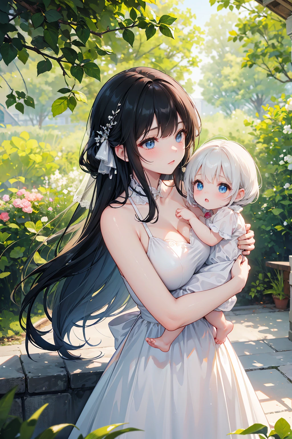 In the serene and tranquil world of anime, there exists a heartwarming scene of a lone girl, cradling a sleeping baby in her arms. The girl, with her deep-toned tanned skin, dons a vibrant deep V-neck tied top that accentuates her bare shoulders, adding a touch of allure to her elegant appearance. A flowing skirt adorns her slender frame, the fabric waves gently with the soft breeze.

The baby, peacefully nestled on her stomach, is a picture of innocence. Its tiny face is turned towards her, the peaceful expression etched on its delicate features. The girl's eyes mirror the warmth and care she ex