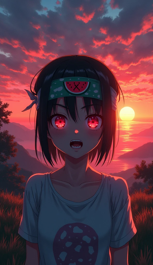 A cinematic scene in the art style of Makoto Shinkai, featuring a person wearing a headband with a watermelon symbol crossed out, their expression cruel and menacing, standing under a vibrant sunset sky with dramatic lighting and lush scenery. Dreamlike atmosphere with vivid color contrasts and fine details in the character's face and surroundings. niji6
