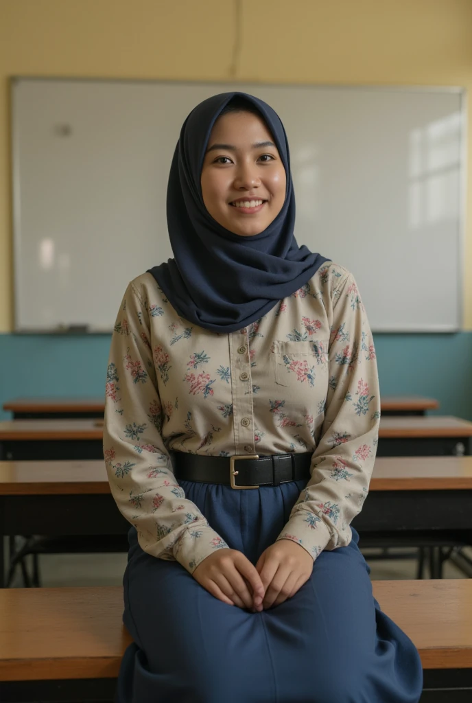  a beautiful young Indonesian woman  ((big boobs 2 .3)) sitting on a school bench )). ((Wearing brown Islamic hijab closed chest )) ((shirt pocket on the left breast )). ((Indonesian High School Uniform Buttoned Shirt Color Intricate Floral Print Long Sleeve)).  Skirt up to calf color blue to ash)) (( wears black school belt )). ((feet wearing black shoes.)) socks white to calf )). ((  inside a school classroom  )).  Large and wide whiteboard background hanging on the classroom wall. Full body smiling . (( Rough colored Cctv footage . Warm light .  Low light.))