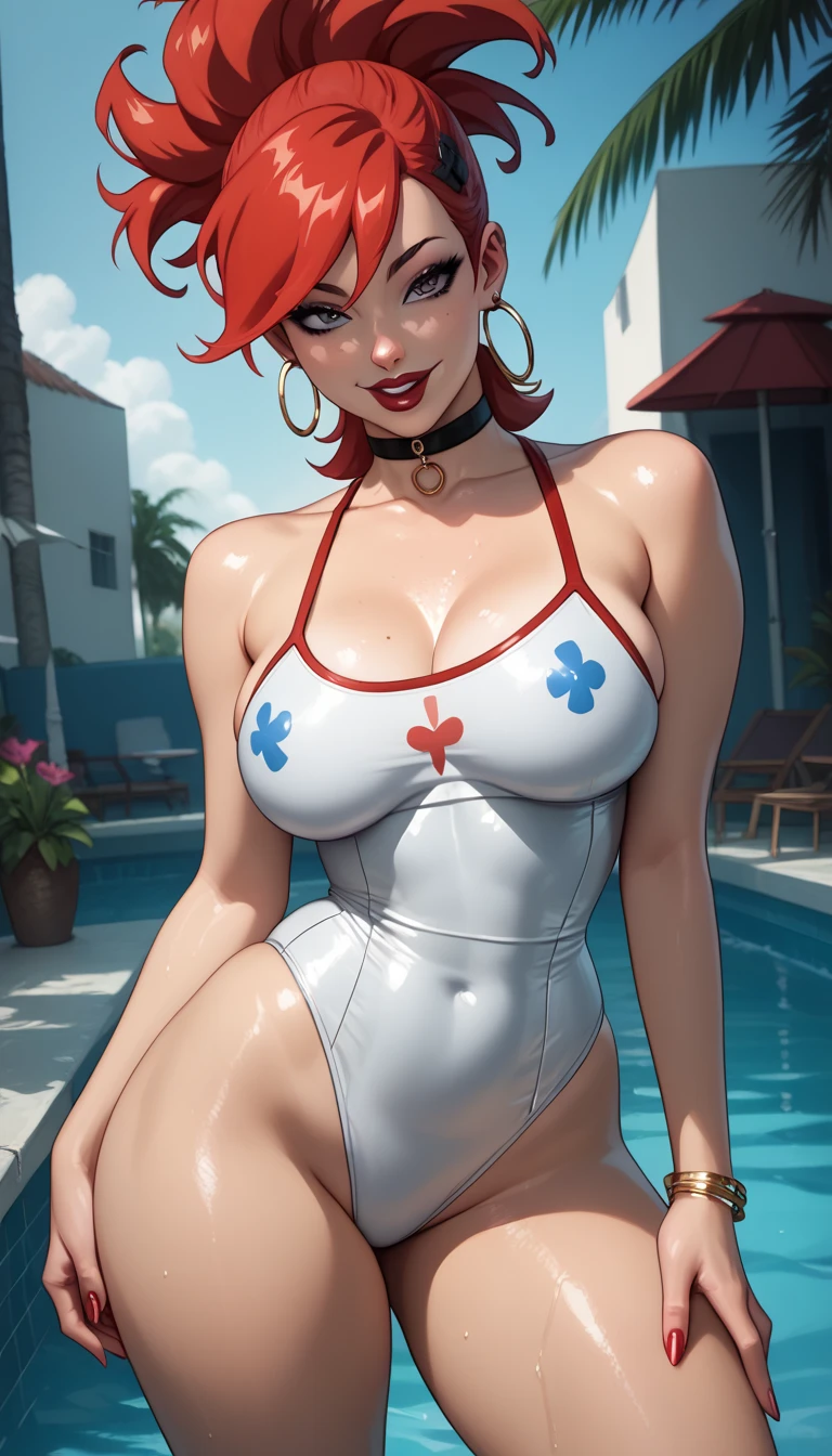 
frankie foster,  red hair , ( wears a white swimsuit with one exposed shoulder),   black leather choker  , lipstick,   exposed legs  , thick thighs ,   shiny and oily skin ,focus only,   half-closed eyes  ,  smiling,  posing at a fashion studio ,  Cinematic lighting , details, dynamic pose ,comics style