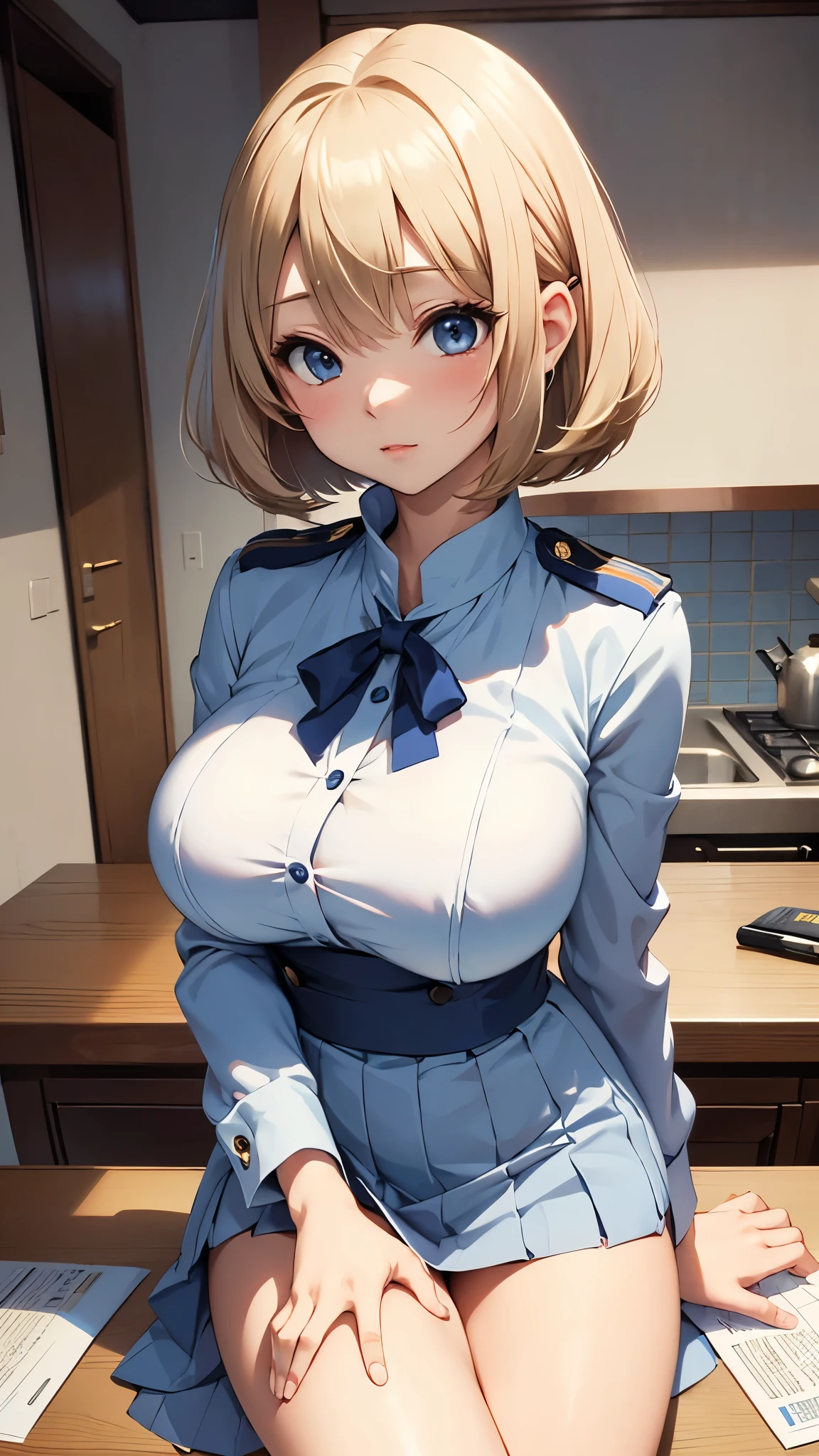 Umino Yuki、masterpiece,  best quality、 best quality,(8k resolution),Beauty、( looks like an adult)、 （  Sexy Perfect Style）、(( Big Breasts))、Blonde Bob Cut、White and blue uniform