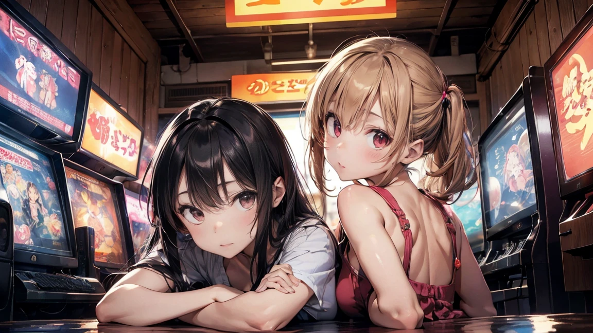 Two anime girls got tired after long day. They just want to relax and enjoy themselves. They are kissing sitting near campfire fully naked. They are masturbating each other. They have grey and brown hair. It is night time but it is not very cold. Girls have some injures and scars on their bodies. Some of them are covered with bandages. It is apocalyptic destroyed city on background. Camera has dynamic angle. And girls are close to camera. The have blush on their faces but also they are crying from happines.