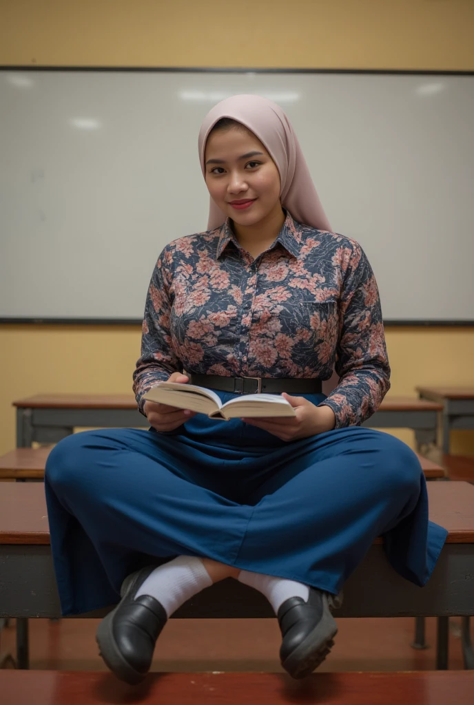  a beautiful young Indonesian woman  ((big boobs 2 .3)) sitting cross-legged on a school bench. read a book )). ((Wearing brown Islamic hijab closed chest )) ((shirt pocket on the left breast )). ((Indonesian High School Uniform Buttoned Shirt Color Intricate Floral Print Long Sleeve)).  Skirt up to calf color blue to ash)) (( wears black school belt )). ((feet wearing black shoes.)) socks white to calf )). ((  inside a school classroom  )).  Large and wide whiteboard background hanging on the classroom wall. Full body smiling . (( Rough colored Cctv footage . Warm light .  Low light.))