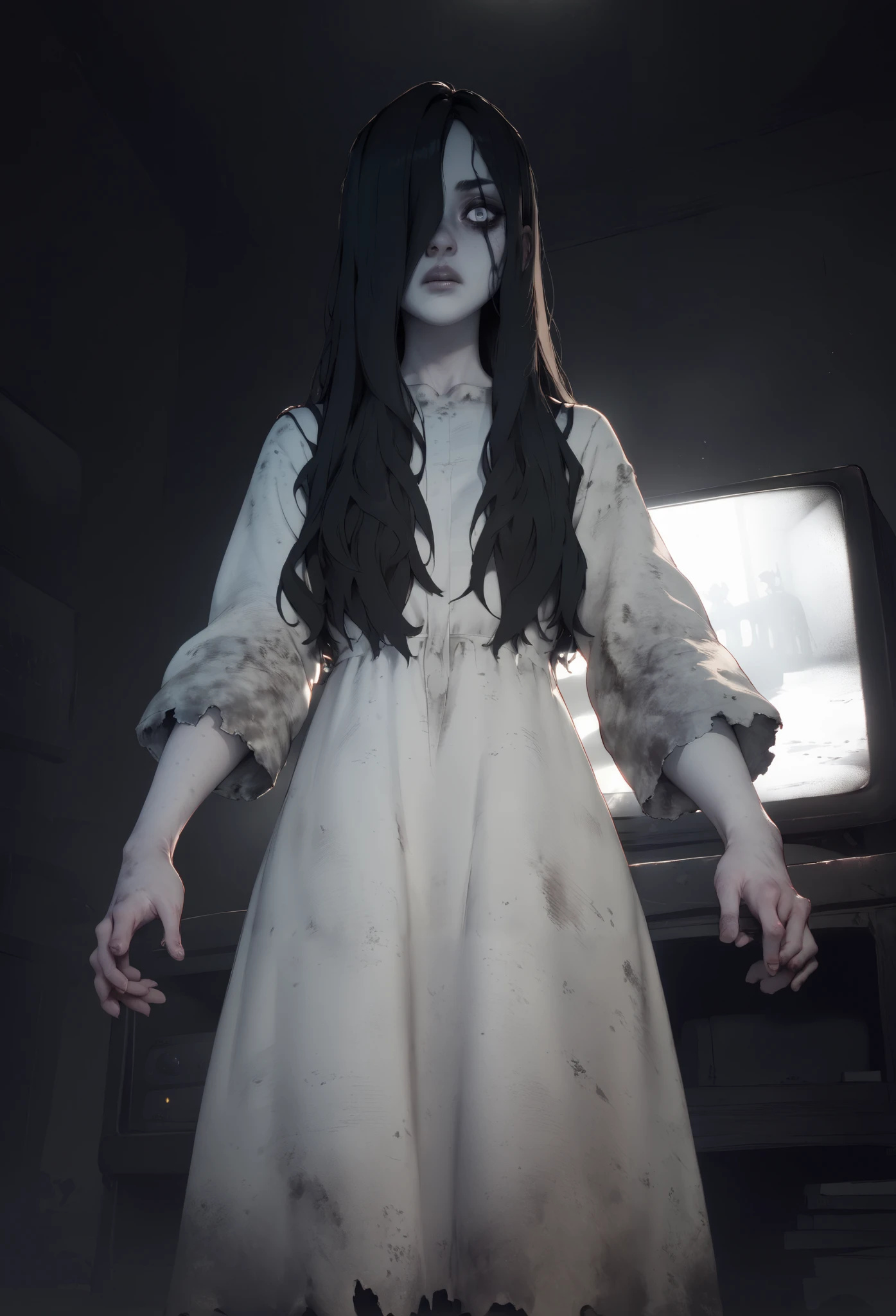 "Uma garota misteriosa e assustadora, iluminado por velas tremluzente, in a macabre and dark masterpiece mansion, ultra realista 8k, with an emphasis on the creepy girl and horror setting --Fonte do carro --pt". --s2