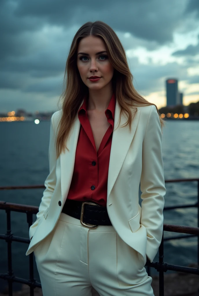 Very beautiful Slavic woman, pale skin, long light brown hair, A Necromancer, light shadow effects, white trouser suit without unnecessary details, Red blouse, black wide leather belt, photo, crap, sun glare, Against the background of a metal bridge near the shore, water, The city, sun, sundown, Low storm clouds, indigo, photo, slight smile, body complet, sharp-focus, dynamic sexy pose, professional photograph the photo was shot on a Sony Alpha a7R IV camera and a Sony FE 85mm f/1.8 lens, aperture f/1.8, shutter speed 1/125s, ISO 800. swirling bokeh, sharp-focus, high skin detail, sharpness, Character portrait, perfect lighting, tmasterpiece, Detailed background, Movie Lighting, 8k
