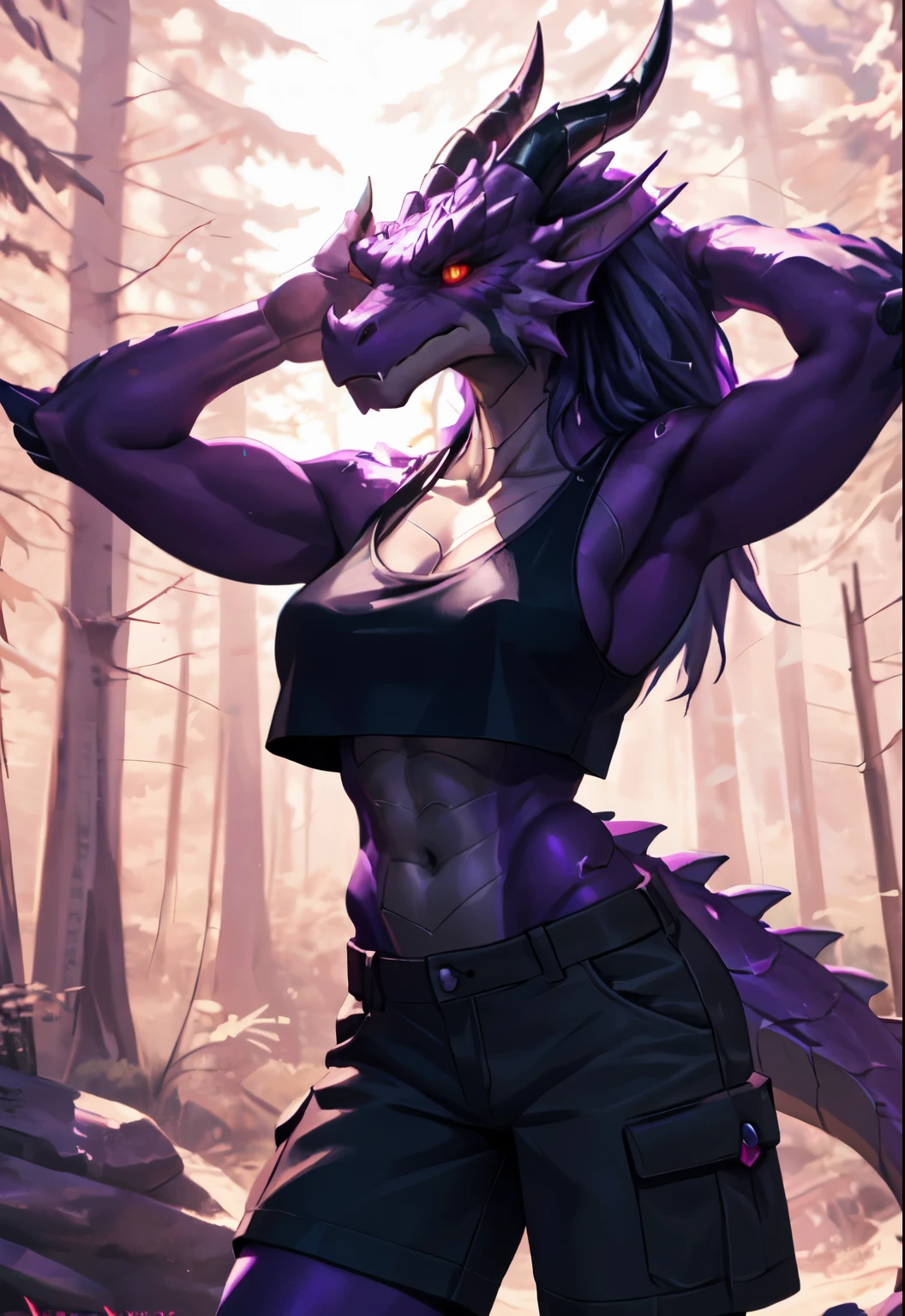 exquisite portraits,dragon,Humanity,woman,alone,Empty,Detailed background,By Carme 3,three quarter view,forest,crop top,cargo shorts,red sclera,yellow eyes,Purple accent,glowing accents,Put your hands behind your head,beast