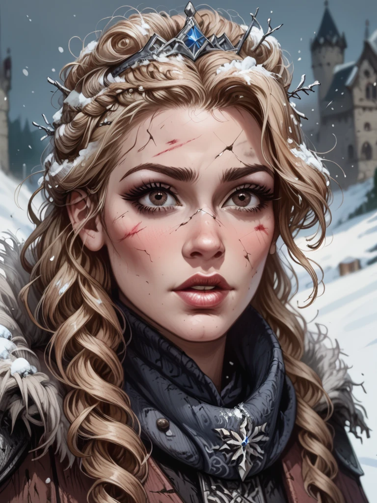 background character, extra, ordinary appearance, a half-adult woman of ordinary appearance, a 16-year-old woman, round face, heavy eyelids, dark brown eyes, normal Caucasian skin, slightly curly blonde hair, hair like subtle waves flowing from her ear to below her shoulders, in a dark fantasy style, snowy environment, set in a medieval castle, plebeian clothes, focus on face, dark fantasy style, snow on your hair and shoulders, very ordinary and unremarkable appearance, defeated and fearful expression, oppressed expression, skin defects, appearance defects, dirty appearance, victim's face, desolate look, fragile appearance, cracked lips, exposed to cold, red marks from cold