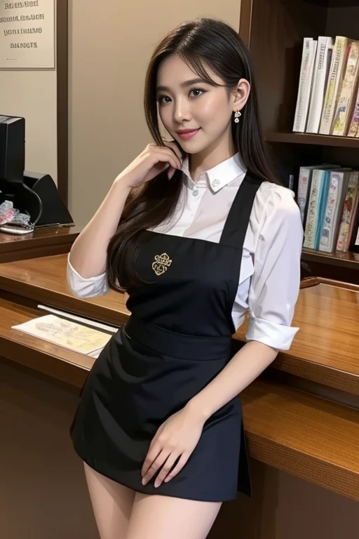 ((best quality)), ((masterpiece)), (detailed), perfect face, pretty face, beautiful female, beautiful body, e cup breast, cashier, minimarket cashier, cashier uniform, blouse, apron, mini skirt, perfect body, Stand behind the cashier's desk, head accessories, ears accessories, yae miko