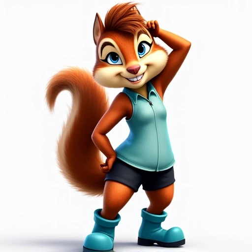 Sally Acorn is an anthropomorphic chipmunk with auburn fur, blue eyes, and a slender, athletic build. She has short, styled hair and typically wears a light blue vest with black shorts and blue boots, with her toned, she stretches her arm above her head, curiously sniffing her exposed armpit. Her expressive face shifts into a moment of thought, a subtle quirk of her pragmatic and down-to-earth personality shining through.