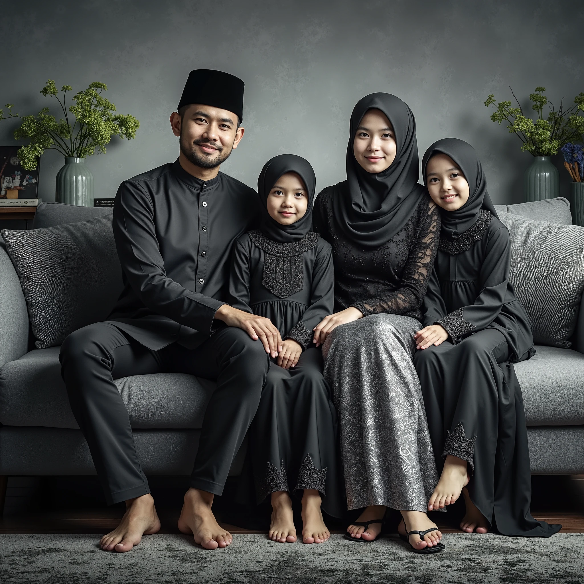 Studio Photography, 4 people, close up, an Indonesian couple aged 30 sits on sofa, a man clean shaved faces wearing a cap and islamic clothes robe, a slightly overweight woman wearing exclusive black gamis islamic sharia dress with pashmina long hijab holding on a baby girl newboarn 1 y.o cute headband, two girl aged of 7 and 9 y.o with hijab wearing black islamic gamis, sets at home living modern walls, green flower vases, side tables, fresh color, 8k, photography, UHD.