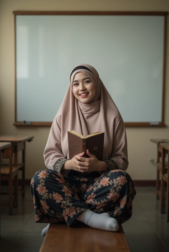  a beautiful young Indonesian woman  ((big boobs 2 .3)) sitting cross-legged on a school bench. read a book )). ((Wearing a long Islamic hijab of white color up to the chest)) ((shirt pocket on the left breast )). ((Indonesian High School Uniform Buttoned Shirt Color Intricate Floral Print Long Sleeve)).  Skirt up to calf color blue to ash)) (( wears black school belt )). ((feet wearing black shoes.)) socks white to calf )). ((  inside a school classroom  )).  Large and wide whiteboard background hanging on the classroom wall. Full body smiling . (( Rough colored Cctv footage . Warm light .  Low light.))