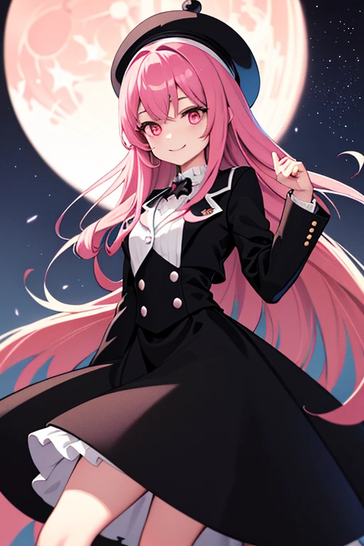 A man with black hair in a neat style outfit is also holding a  with pink hair, pink eyes, cute style outfit with a hat on her head.Bright smile, night background, looking at the stars and the moon. Long Haired Girl It's a black and white theme. Manga