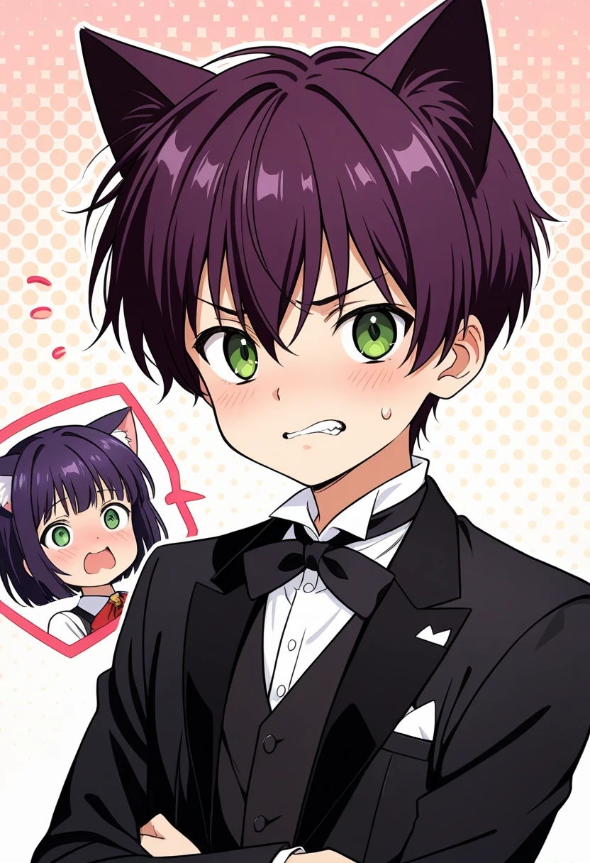 anime style boy, green eyes, cat eyes, short hair, dark purple hair, cat ears, funny expression, beautiful, ultra detailed, ultra quality, butler style.