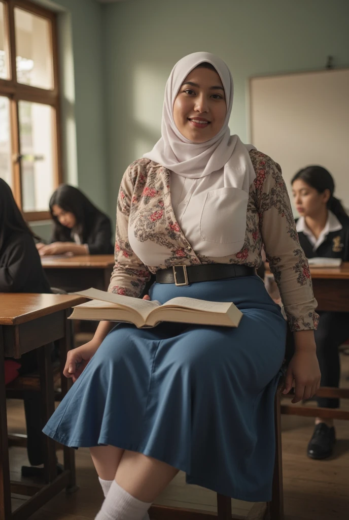  a beautiful young Indonesian woman  ((big boobs 2 .3)) sitting cross-legged on a school bench. read a book )). (( Wears a white Islamic hijab to the chest)) ((shirt pocket on the left breast )). ((Indonesian High School Uniform Buttoned Shirt Color Intricate Floral Print Long Sleeve)).  Skirt up to calf color blue to ash)) (( wears black school belt )). ((feet wearing black shoes.)) socks white to calf )). ((  inside a school classroom  )).  Large and wide whiteboard background hanging on the classroom wall. Full body smiling . (( Rough colored Cctv footage . Warm light .  Low light.))