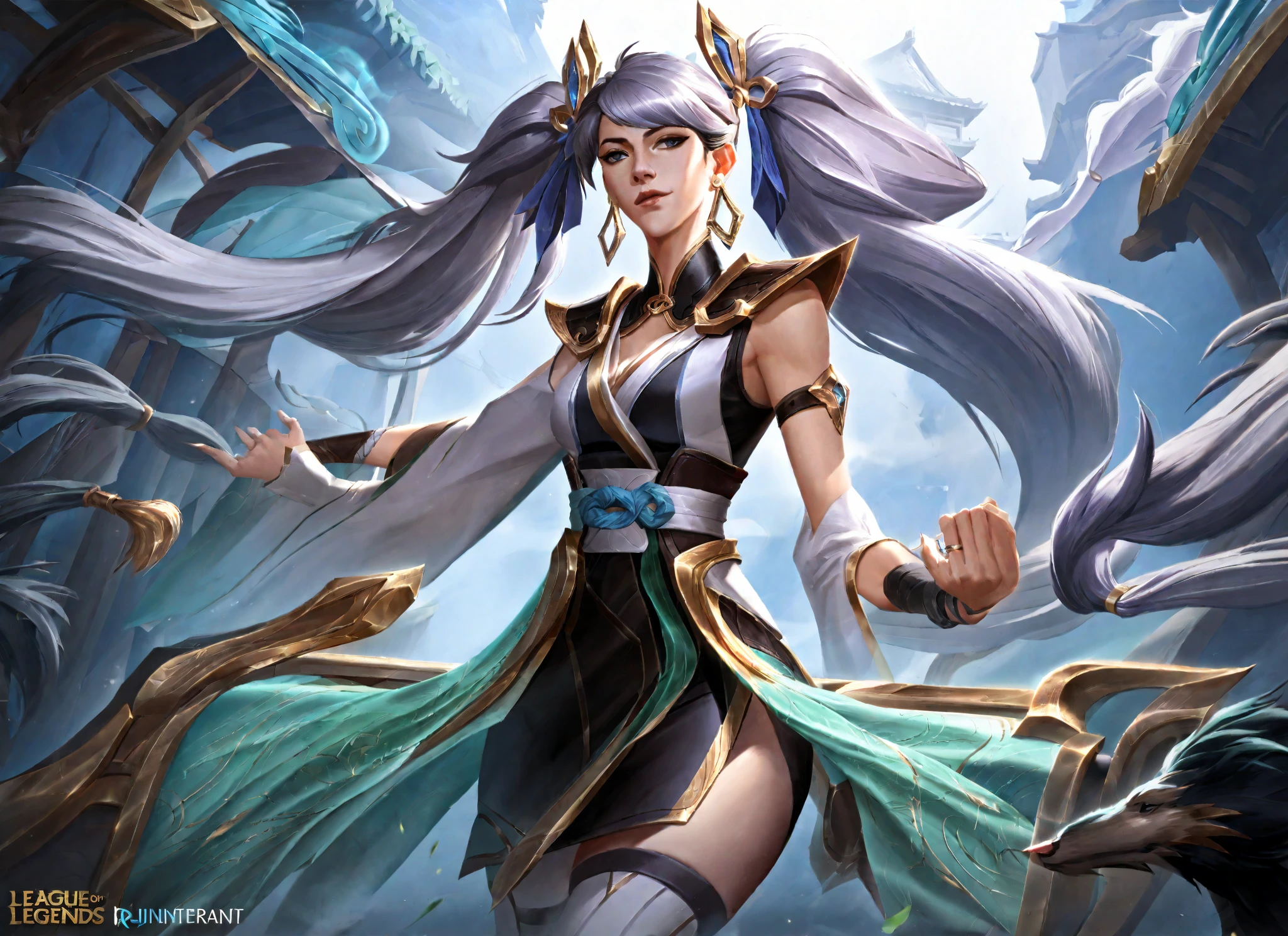 High Quality, High Detailed entire image, HQ Image, Ray Tracing light Style, LolSplashart, League of legends, Legends of Runeterra, Wild rift, pixiv, artstation, best aesthetic, booru, arcane, valorant, JinshiWW, long hair, twintails, hair rings, hair ornament, earrings, chinese clothes, two-tone dress, black dress, white dress, cleavage cutout, armlet, white thighhighs, HQ Image, High Detailed Image, Sharp Lines.