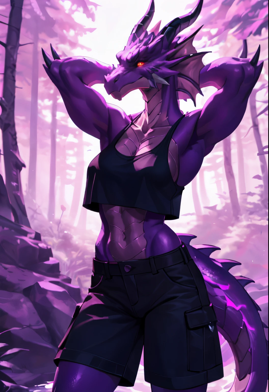 exquisite portraits,dragon,Humanity,woman,alone,Empty,Detailed background,By Carme 3,three quarter view,forest,crop top,cargo shorts,red sclera,yellow eyes,Purple accent,glowing accents,Put your hands behind your head,neon