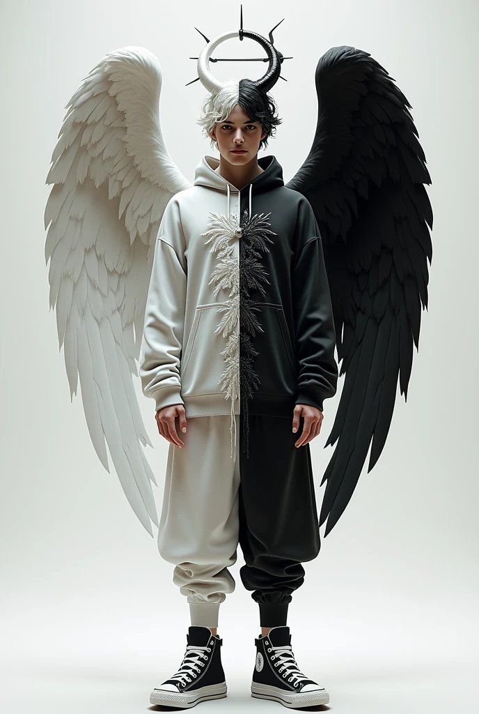 A boy is wearing a sweatshirt that is half white and the other half black., and he wears a mask that is half white and the other half black, Pants and shoes half white and the other half black and wings half is white and the other is black
 
