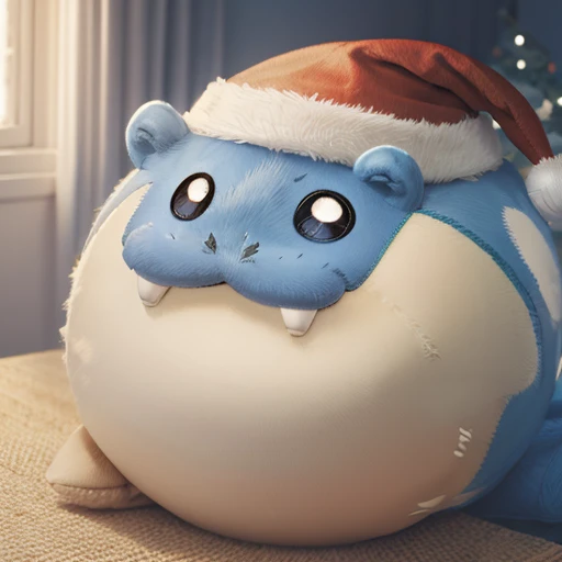  Santa Claus hat 、close up 、animal、Cute and fat、 futon、((( chibi))),spheal_pk、Round Head、A slippery body、Short Hand、Round ears、 round eyes、Smiling face、 illustration ,