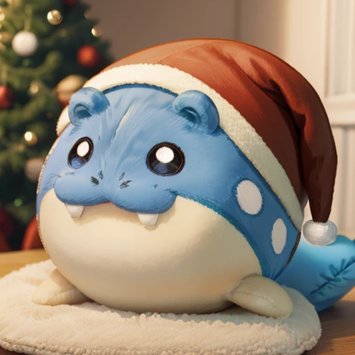  Santa Claus hat 、close up 、animal、Cute and fat、 futon、((( chibi))),spheal_pk、Round Head、A slippery body、Short Hand、Round ears、 round eyes、Smiling face、 illustration ,