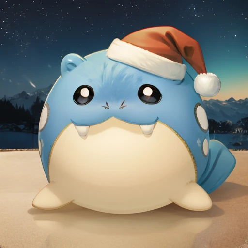  Santa Claus hat 、close up 、animal、Cute and fat、 futon、((( chibi))),spheal_pk、Round Head、A slippery body、Short Hand、Round ears、 round eyes、Smiling face、 illustration ,