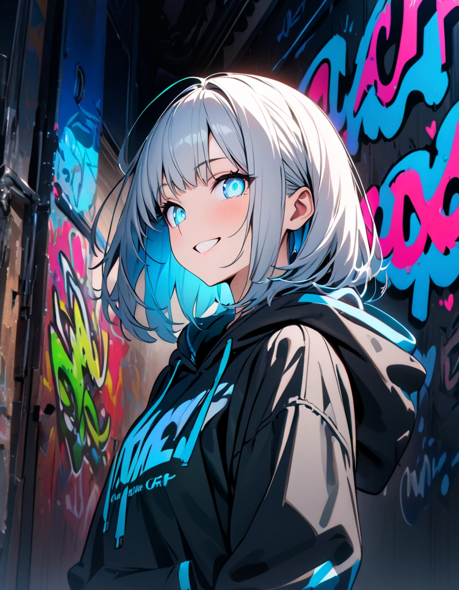 masterpiece,  best quality, 8k, detailed background, masterpiece,  best quality, smile,  small hips ,  hoodies , Portraiture, Neon Blue, graffiti, dark, night, Shining Eyes,  black light,Konpaku Youmu