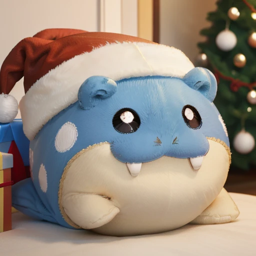  Santa Claus hat 、close up 、animal、Cute and fat、 futon、((( chibi))),spheal_pk、Round Head、A slippery body、Short Hand、Round ears、 round eyes、Smiling face、 illustration ,