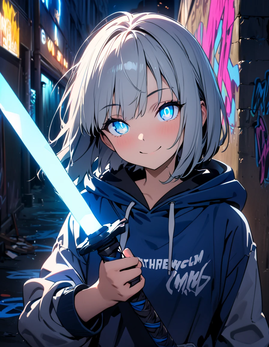 masterpiece,  best quality, 8k, detailed background, masterpiece,  best quality, smile,  small hips ,  hoodies , Portraiture, Neon Blue, graffiti, dark, night, Shining Eyes,  black light,Konpaku Youmu,Draw your sword