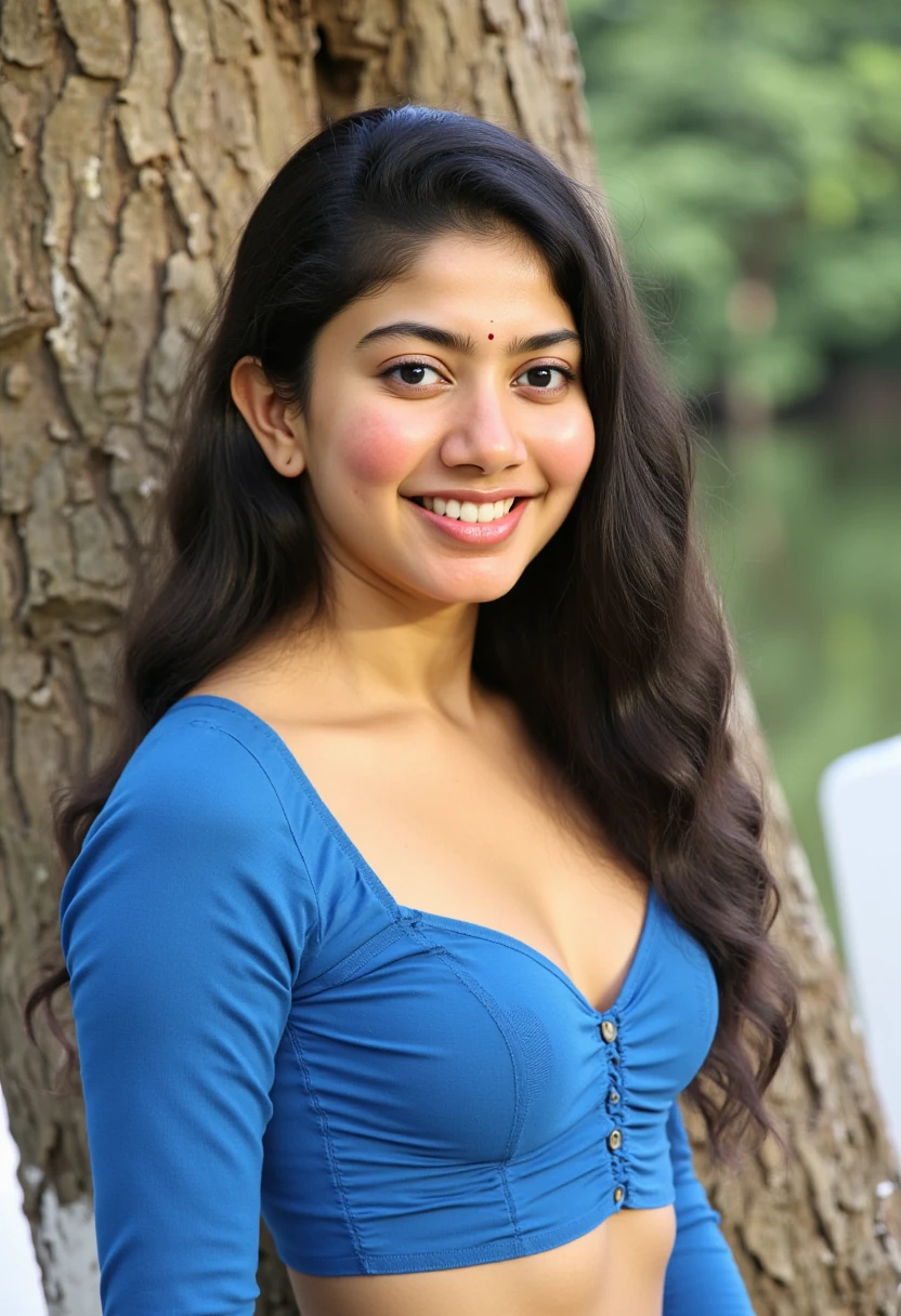 A photorealistic portrait of a 30-year-old Indian woman with big-sized breasts, wearing blue crop top full sleeves without pants, bottomless to show her realistic hairy pussy and sexy legs,She is posing in waterfall Lake sexy adult poses, she is very laughing, cute smile, white teeth,captured in a full-body shot, real hairy pussy, hyper realistically hairy pussy. 8k resolution, with high detail and quality.