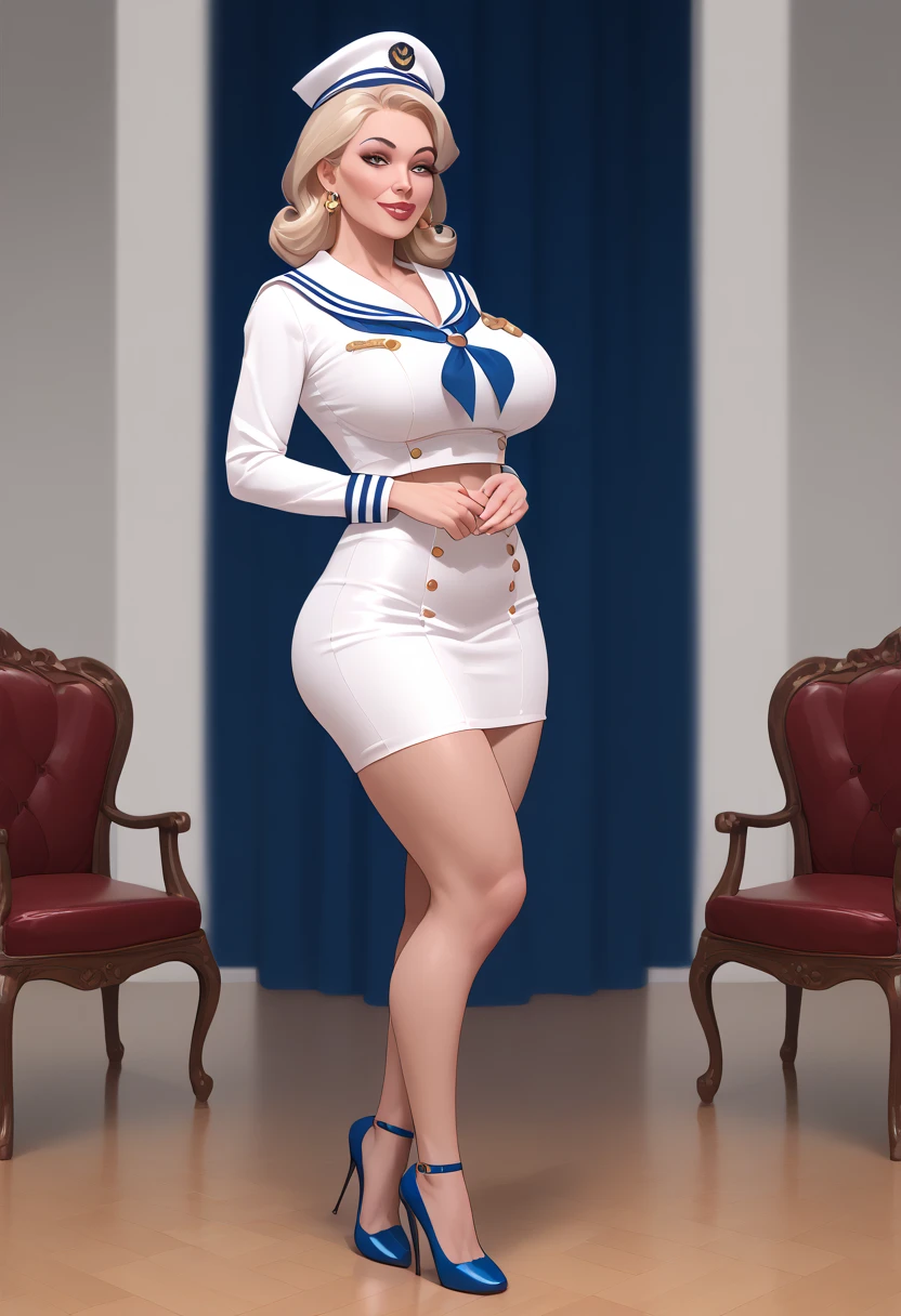  Big breasts, caderas grandes,  full body shot , mature mother , voluptuous, ox, seductive mature woman,  perfect body , plus-size model,  sailor costume ,   with high heels ,Miniskirt uniform, 