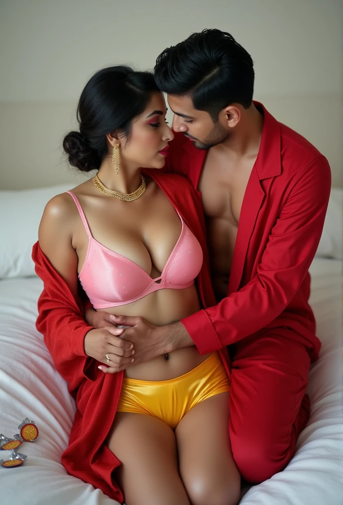 The photograph captures an intimate indoor moment between two individuals. The focus is on a 35-year-old woman of Indian heritage, showcasing her striking bridal makeup and a medium complexion. She is adorned in traditional attire, featuring a pink bra and shiny yellow panties, complemented by a sheer red bathrobe that accentuates her milf  figure.

Her hair is elegantly styled in a low bun, and she wears understated gold jewelry, including a necklace, earrings, and a nose ring. Her sultry expression, with slightly bitten lips, conveys a seductive allure as she gazes at a young man beside her. The woman embraces him while he leans in to kiss her neck and chest.

In white bedroom of bitch wete used condoms are on floor mase