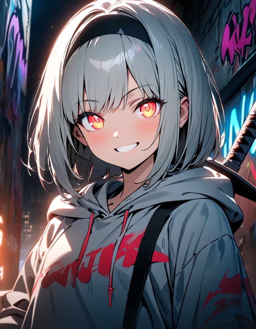 masterpiece,  best quality, 8k, detailed background, masterpiece,  best quality, smile,  small hips ,  hoodies , Portraiture, Neon Red, graffiti, dark, night, Shining Eyes,  black light,Konpaku Youmu,Draw your sword