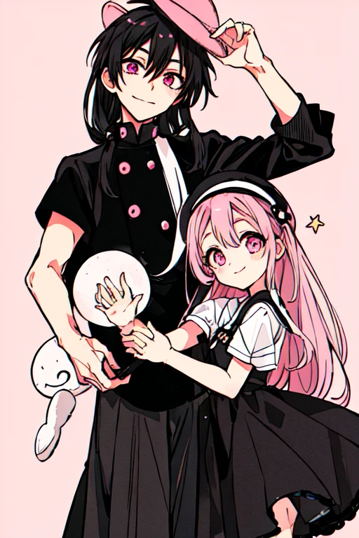 A man with black hair in a neat style outfit is also holding a  with pink hair, pink eyes, cute style outfit with a hat on her head.Bright smile, night background, looking at the stars and the moon. Long Haired Girl It's a black and white theme. Manga