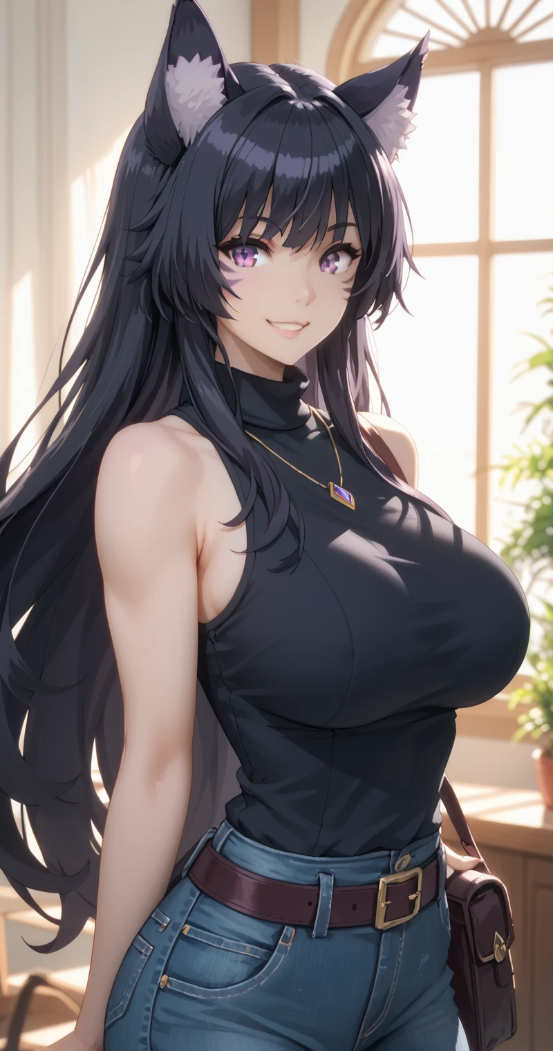 Tall girl, Fit girl,score_9, score_8_up, score_7_up, score_6_up, uncensored, delta, delta from eminence in shadow, long hair, black hair, animal ears, purple eyes, cat ears, animal ear fluff, facial mark,huge breast, Bare shoulders, Sleeveless, Belt bag, Pants, Black shirt, window, turtle neck, Backlighting, sleeveless turtleneck, large full breasts,look at viewer ,a smile