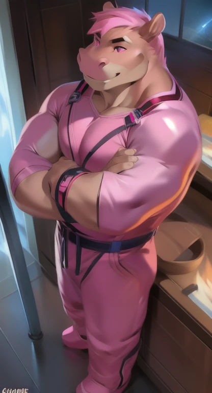 20 years old, big eyes, Chinese male, short hair, bodybuilding, stubble, white inch, huge muscles, exaggerated muscles, muscle swelling, bodybuilding, pectoral muscles, abs, natural light, wet body, in the pink room, 1man, jumping action, pink jacket jacket, pink shorts, crotch bulge swelling