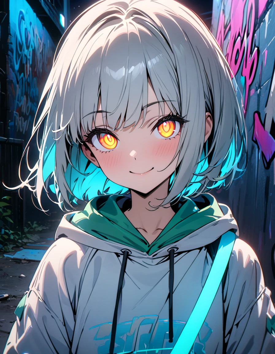 masterpiece,  best quality, 8k, detailed background, masterpiece,  best quality, smile,  small hips ,  hoodies , Portraiture, Neon Blue, graffiti, dark, night, Shining Eyes,  black light,Konpaku Youmu,Draw your sword