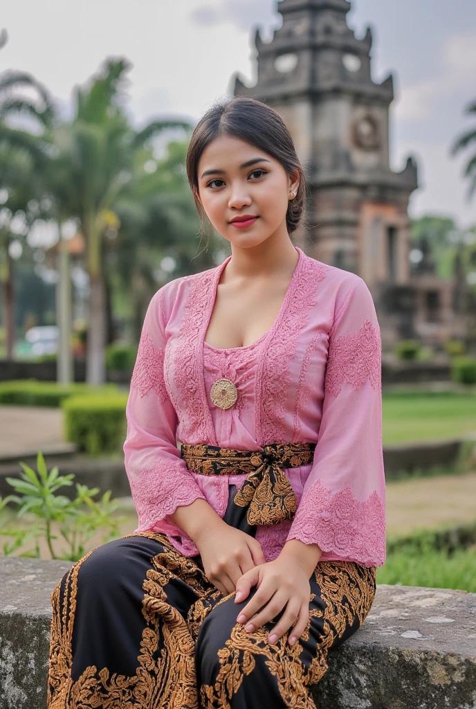 indonesian Hijab girl, sexy curvy body and big breast, wearing hijab and longsleeve unbuttoned kebaya bali, sitting on the rock infront of hindu temple as background details, big breast with cleavage cutout, look at the viewer, close up, upper body, natural light realistic photography, wide angle shot,