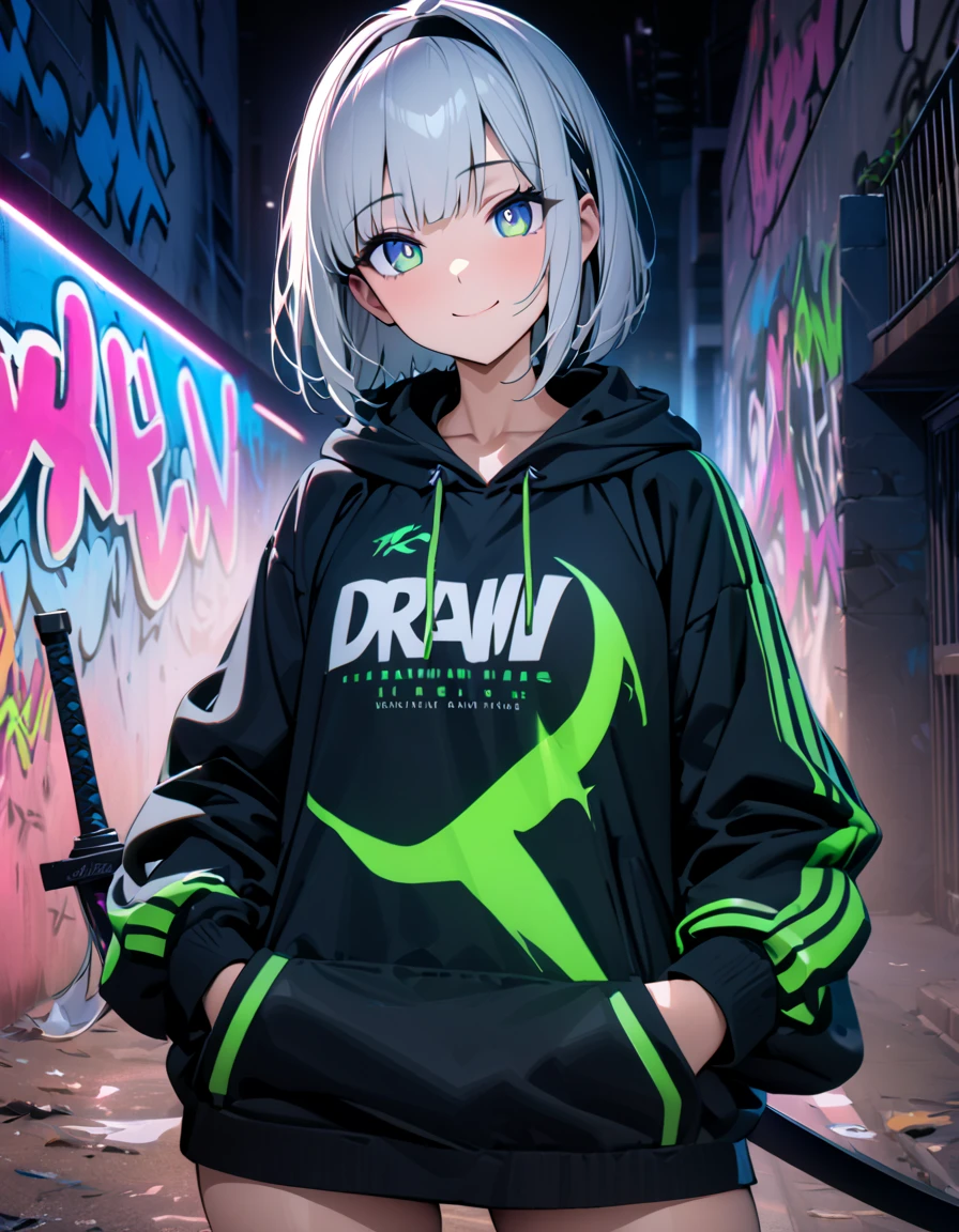 masterpiece,  best quality, 8k, detailed background, masterpiece,  best quality, smile,  small hips ,  hoodies , Portraiture,  neon blue, graffiti, dark, night, Shining Eyes,  black light,Konpaku Youmu,Draw your sword,beautiful blade 