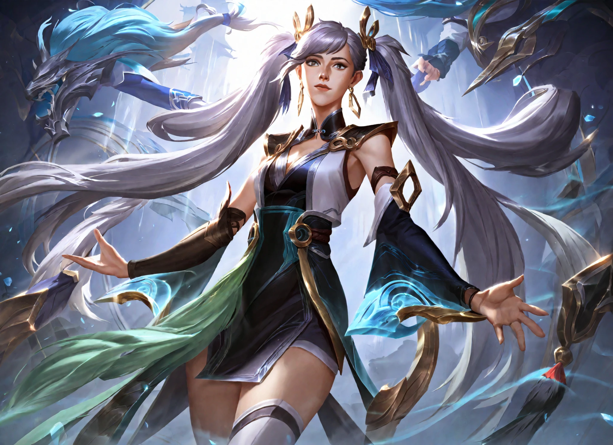 High Quality, High Detailed entire image, HQ Image, Ray Tracing light Style, LolSplashart, League of legends, Legends of Runeterra, Wild rift, pixiv, artstation, best aesthetic, booru, arcane, valorant, JinshiWW, long hair, twintails, hair rings, hair ornament, earrings, chinese clothes, two-tone dress, black dress, white dress, cleavage cutout, armlet, white thighhighs, HQ Image, High Detailed Image, Sharp Lines, chinese style, anime style.