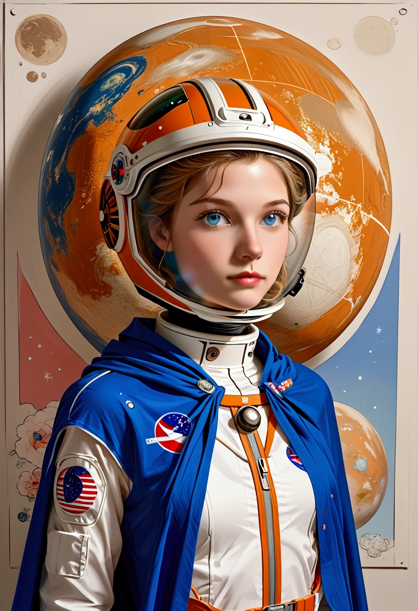(((Oil Painting))), Woman 25 Beautiful Astronaut 1950, Deep Blue Eyes, Orange Clothing, Metallic White Details, Cinematic, Photo Shoot, Half-Lit, Backlit, Dramatic Lighting, Incandescent, Soft Lighting, Insanely Detailed and Intricate , Hypermaximalist, Art not Gouweiz style, Elegant pose, dynamic, photographic, 3D, ultra detailed, Intricate details, Super detailed Gouweiz masterpiece, Futuristic environment