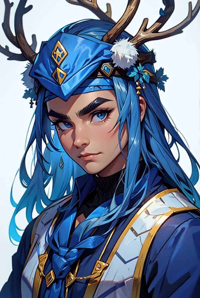 Face， Blue Antler Headdress，Chin Metal Decoration ，Thick eyebrows