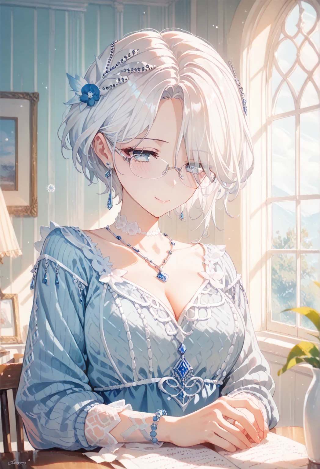 one girl, solo, best quality, masterpiece, 1girl, very aesthetic, big chest, 8K, 16K, beauty illustration, (blue eyes:1.2), (white hair|Detailed hair|short hair|shiny hair|curtained hair), (pastel blue sweater and skirt), POV,(sleepy, depressed, smile), dilated pupils, empty eyes, one mole under eye, hair over one eye, long sleeves, rimless eyewear WITH IRONFRAME, vintage room, window is open, beautiful neverending landscape is view from the window, 