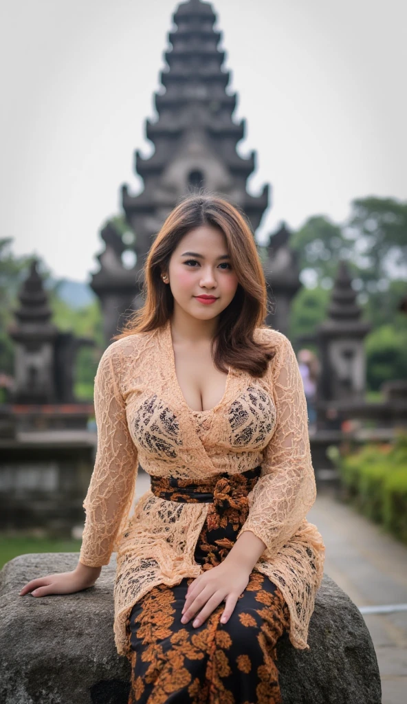 indonesian Hijab girl, sexy curvy body and big breast, wearing hijab and tight longsleeve unbuttoned see through kebaya bali, sitting on the rock infront of hindu temple as background details, look at the viewer, close up, upper body, natural light realistic photography, wide angle shot,