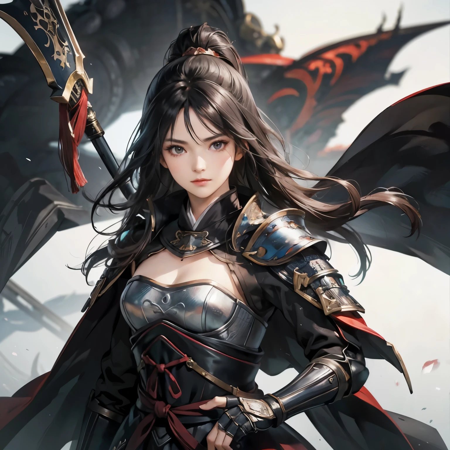 Beautiful black-haired woman :1.3, AMAZING CHARACTER ART , Hanfu,(( pure white background)), ( best quality), Beautiful female knight, 2. 5D CGI fantasy artwork, detailed digital art , Very nice work of art, fan art best art station, (black velvet long cape),(warrior:1.2)( No Emotion)1.2,Japan、 accurately drawn hands 、 I'm putting my hands on my lower back, facing the front、 The chest part of the armor is wide open、 breasts are exposed 、4K