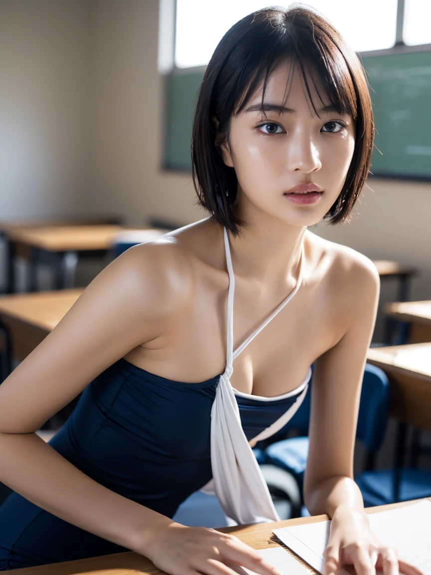 NSFW、middle School girls、One person、Japanese、Black Haired Beautiful Girl、Bobcut、Beautiful Skin、Baby Face、Crisp eyes、Naughty lips、Beautiful teeth alignment、Short-sleeved uniform、Blouse with white collar、Loosened tie、Collarbone in full view、A little bit of cleavage is visible、small breasts with bulge、No bra、Pleated skirt、The skirt is light blue、Sexy thighs、Inner thighs、Hide your arms behind your back、Slender body、Drenched in sweat、The blouse is see-through、Looking up、I'm looking at this、Sit on a chair、classroom、Watching from above