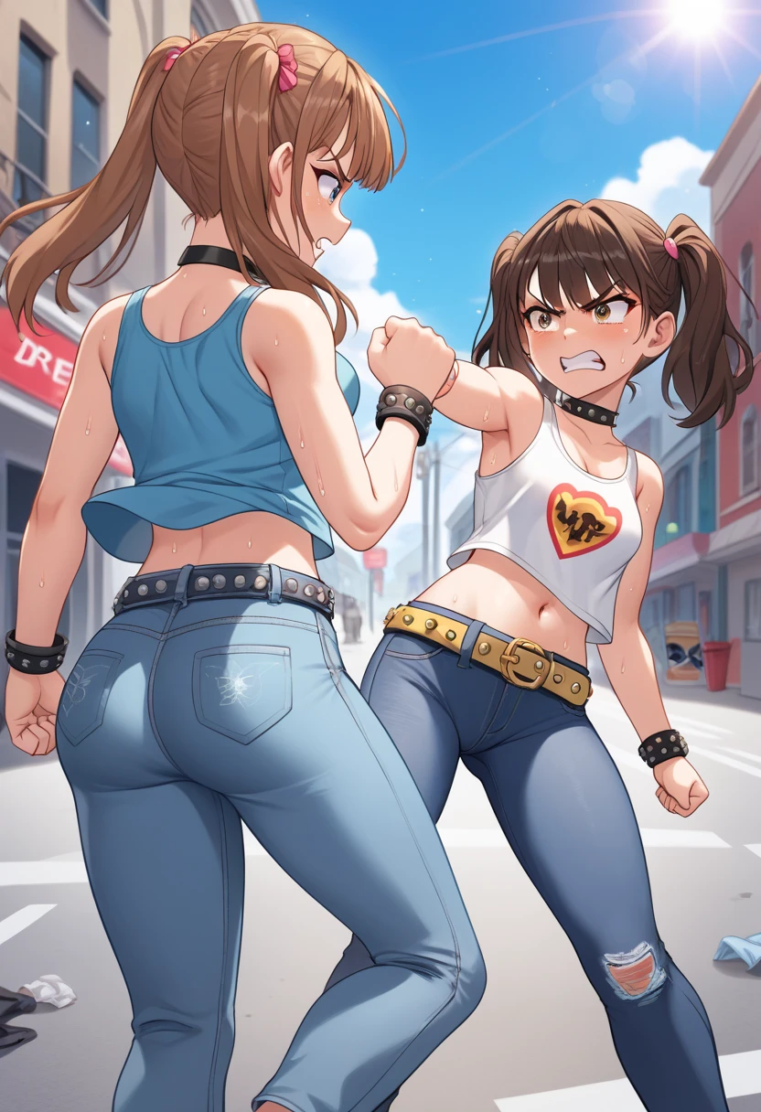 Two men and women fighting in a street fight。A female street fighter is overpowered by a man and is crying.。Covered in bruises。Bloody。shortness of breath。Drooling。Frightened expression。Running out of energy。Sweaty。Short black hair。Open Finger Gloves。Her clothes are ripped and her chest is exposed.。Denim shorts。Erect nipples。One eye closed。Leaning back。A man&#39;s fist hits a woman&#39;s face。